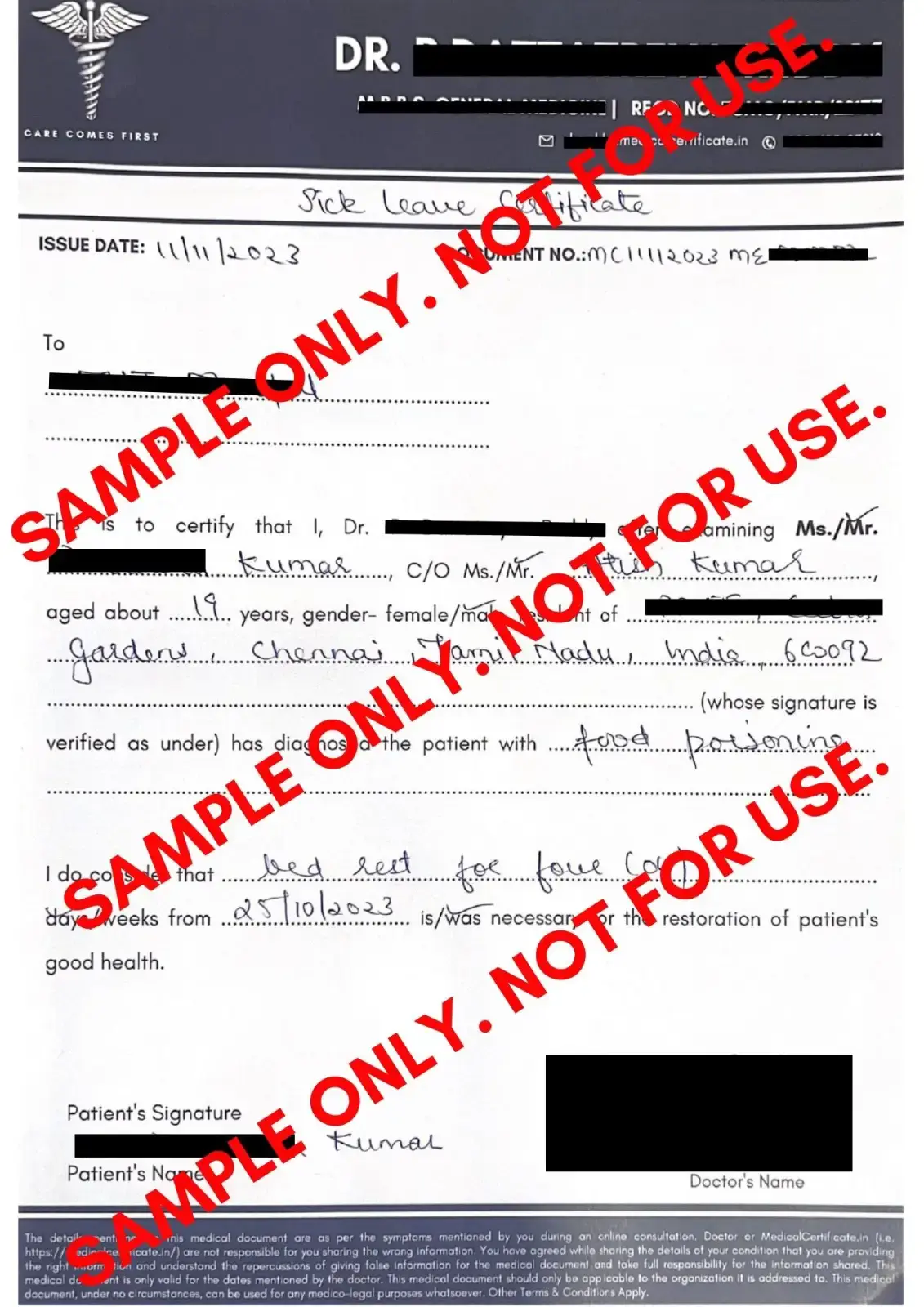 Handwritten Medical Certificate Format