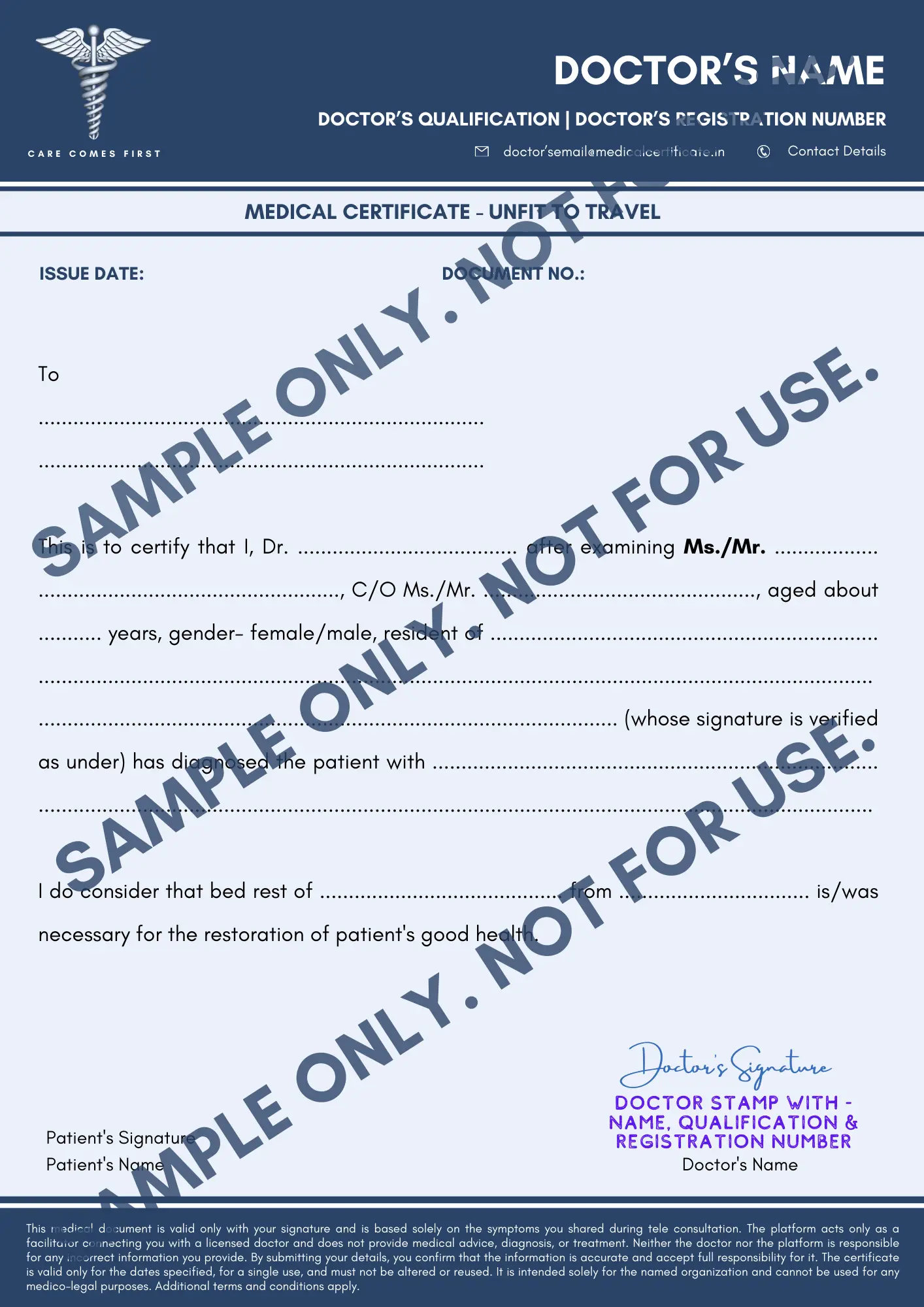 Unfit to Travel Medical Certificate